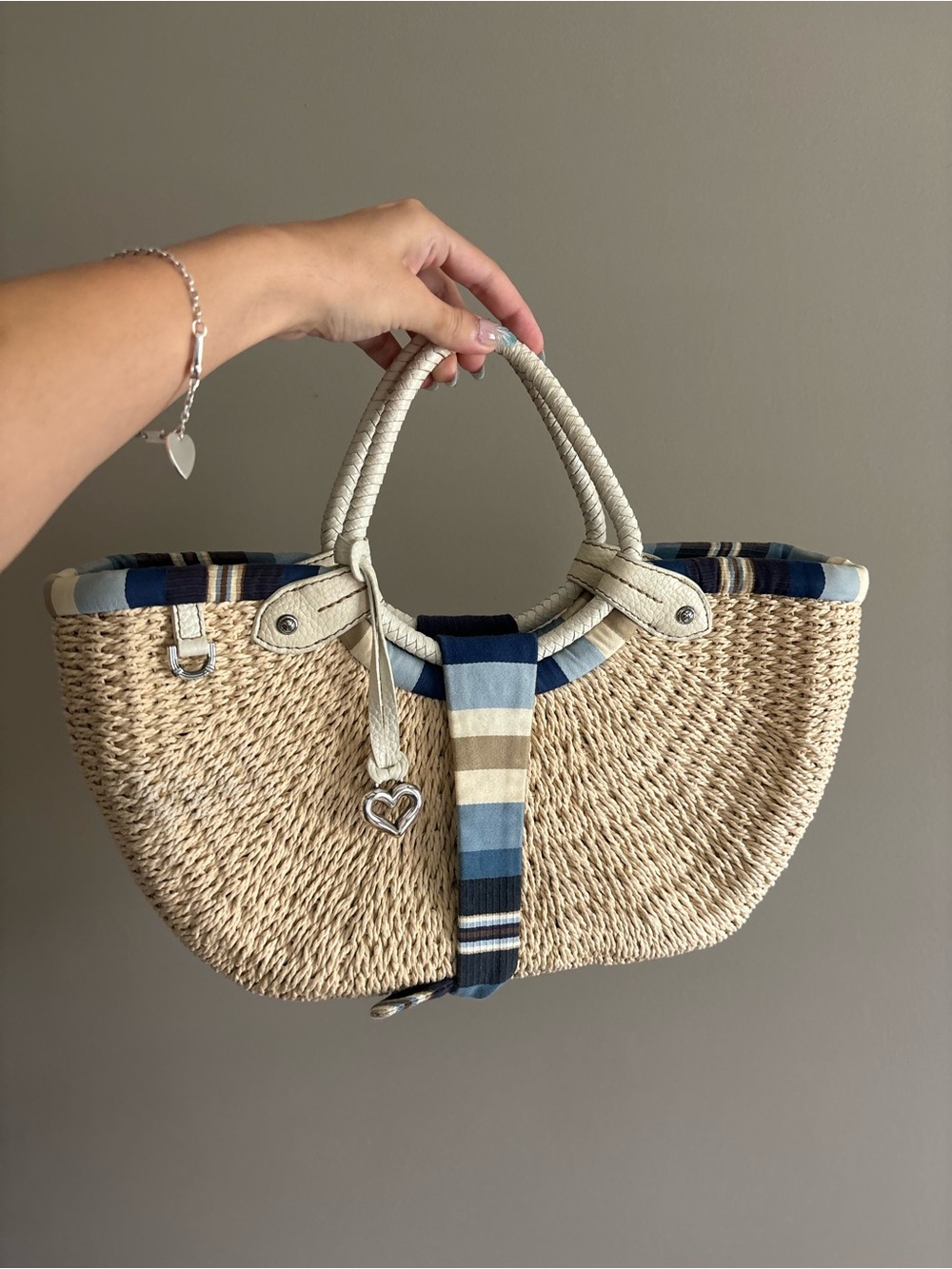 brighton vintage straw and leather handbag